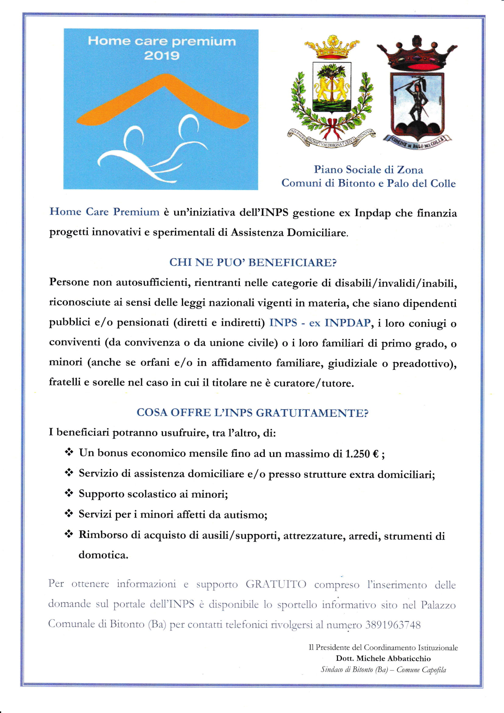 Home Care Premium iniziativa INPS Piano Sociale di Zona Comuni di Bitonto e Palo del Colle 1